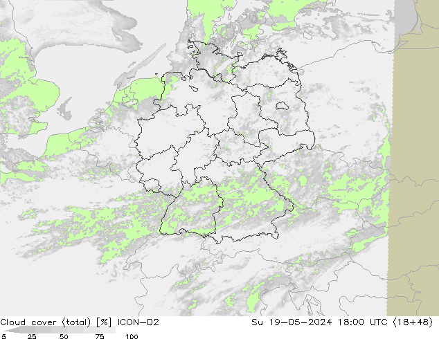 zachmurzenie (suma) ICON-D2 nie. 19.05.2024 18 UTC