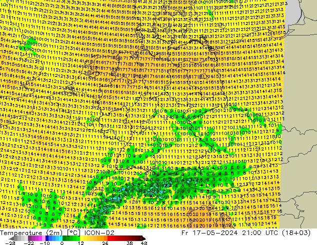 温度图 ICON-D2 星期五 17.05.2024 21 UTC