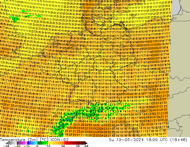 Temperatura (2m) ICON-D2 dom 19.05.2024 18 UTC