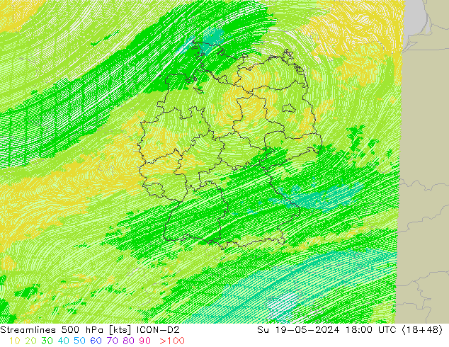 Linea di flusso 500 hPa ICON-D2 dom 19.05.2024 18 UTC