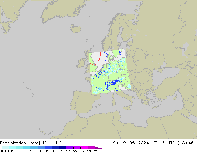 Srážky ICON-D2 Ne 19.05.2024 18 UTC