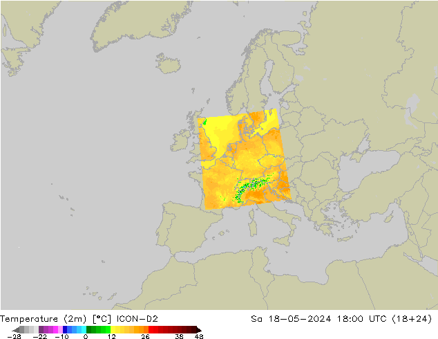 Temperatura (2m) ICON-D2 sab 18.05.2024 18 UTC