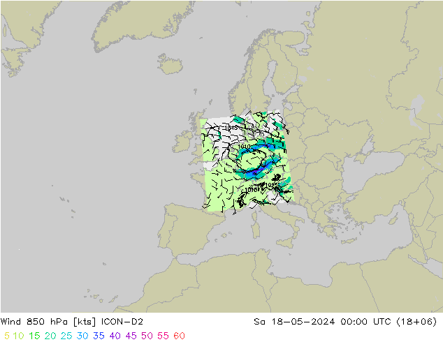 风 850 hPa ICON-D2 星期六 18.05.2024 00 UTC