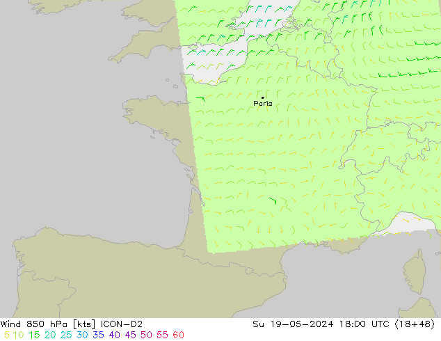 Vento 850 hPa ICON-D2 Dom 19.05.2024 18 UTC