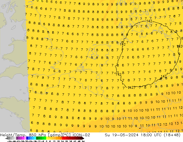 Yükseklik/Sıc. 850 hPa ICON-D2 Paz 19.05.2024 18 UTC