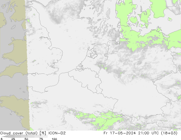 Cloud cover (total) ICON-D2 Fr 17.05.2024 21 UTC