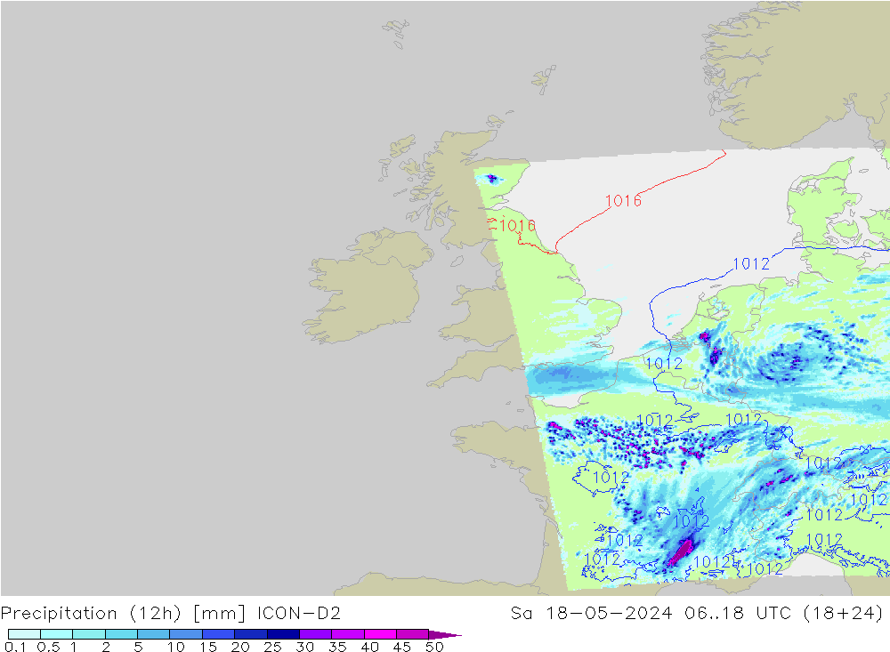 Precipitation (12h) ICON-D2 Sa 18.05.2024 18 UTC