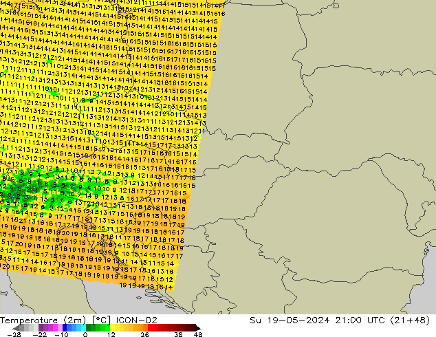 Temperatuurkaart (2m) ICON-D2 zo 19.05.2024 21 UTC