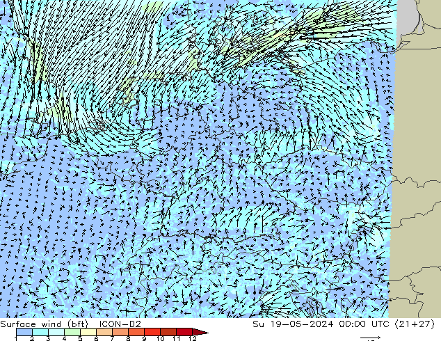 Viento 10 m (bft) ICON-D2 dom 19.05.2024 00 UTC