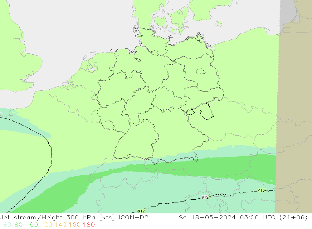 Jet stream ICON-D2 Sáb 18.05.2024 03 UTC