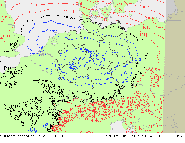 Presión superficial ICON-D2 sáb 18.05.2024 06 UTC