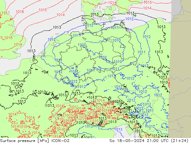 地面气压 ICON-D2 星期六 18.05.2024 21 UTC