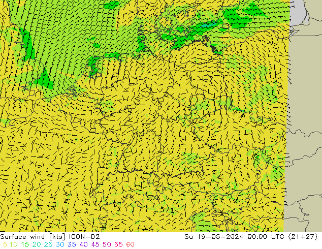 wiatr 10 m ICON-D2 nie. 19.05.2024 00 UTC