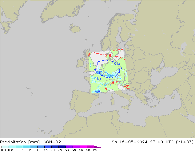 Srážky ICON-D2 So 18.05.2024 00 UTC