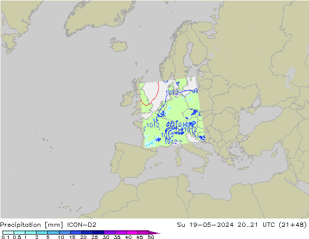 Precipitation ICON-D2 Su 19.05.2024 21 UTC