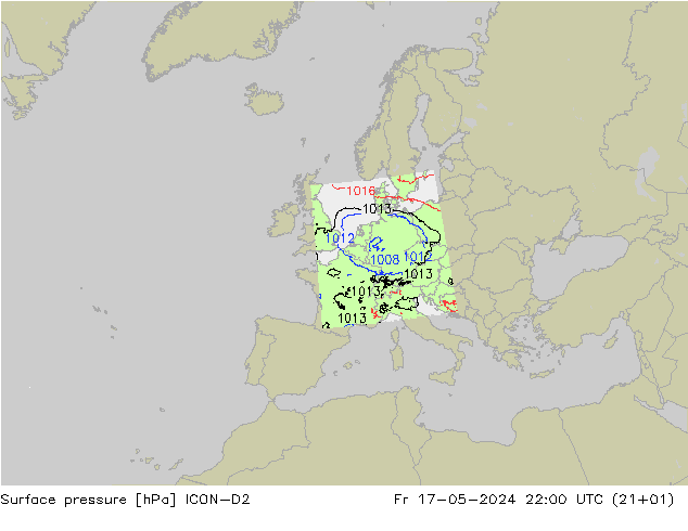 Luchtdruk (Grond) ICON-D2 vr 17.05.2024 22 UTC