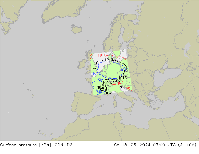 Presión superficial ICON-D2 sáb 18.05.2024 03 UTC