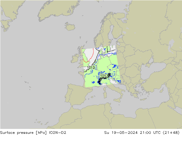 Presión superficial ICON-D2 dom 19.05.2024 21 UTC