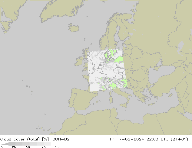 Nubes (total) ICON-D2 vie 17.05.2024 22 UTC