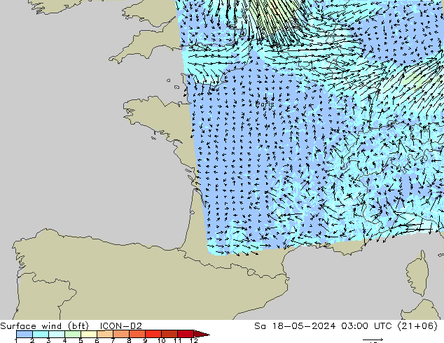 Surface wind (bft) ICON-D2 Sa 18.05.2024 03 UTC