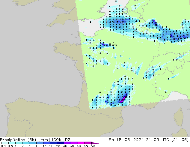 Precipitação (6h) ICON-D2 Sáb 18.05.2024 03 UTC