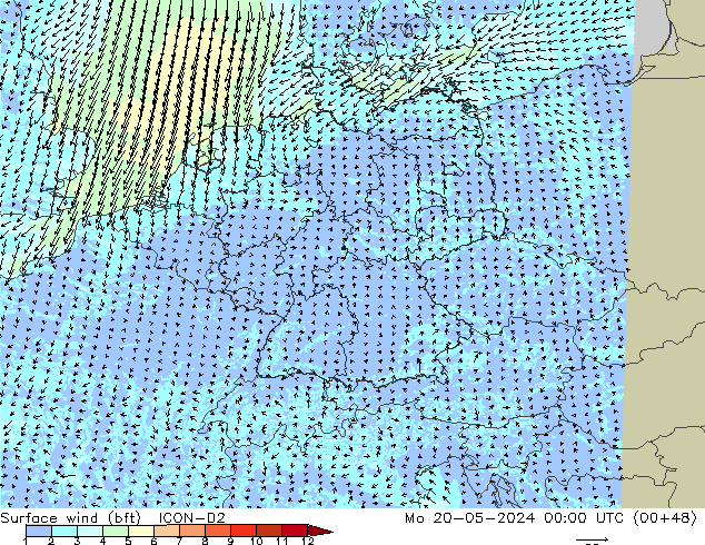 Surface wind (bft) ICON-D2 Mo 20.05.2024 00 UTC