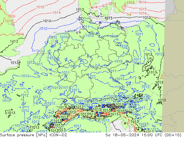 Presión superficial ICON-D2 sáb 18.05.2024 15 UTC