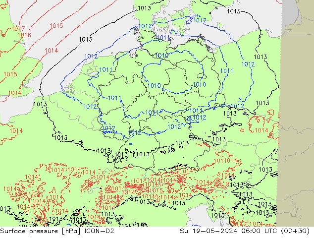 Atmosférický tlak ICON-D2 Ne 19.05.2024 06 UTC