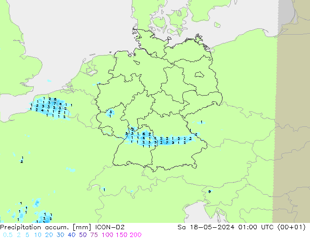 Precipitación acum. ICON-D2 sáb 18.05.2024 01 UTC