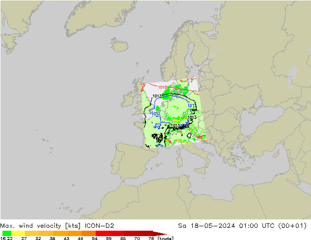 Max. wind velocity ICON-D2 sáb 18.05.2024 01 UTC