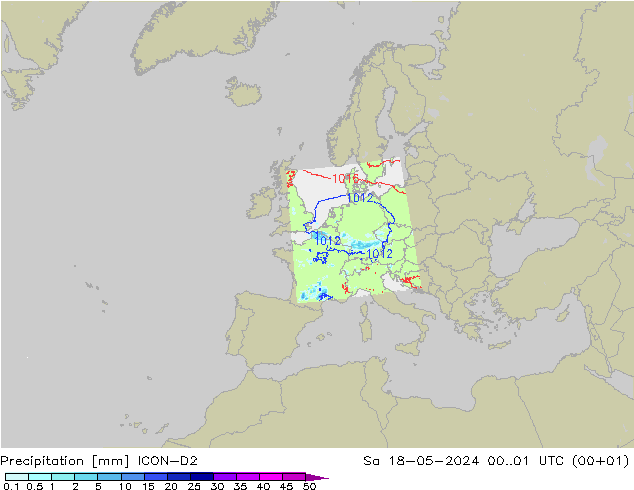 Srážky ICON-D2 So 18.05.2024 01 UTC