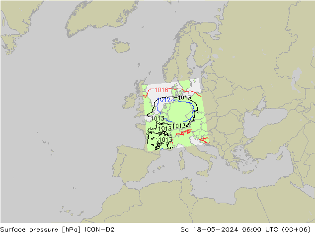 Presión superficial ICON-D2 sáb 18.05.2024 06 UTC