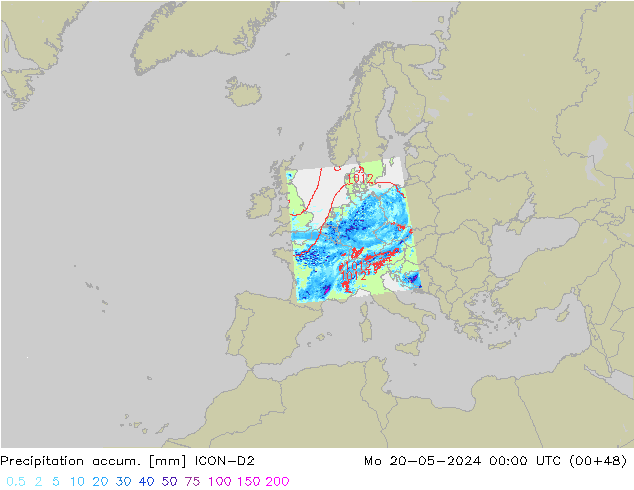 Totale neerslag ICON-D2 ma 20.05.2024 00 UTC