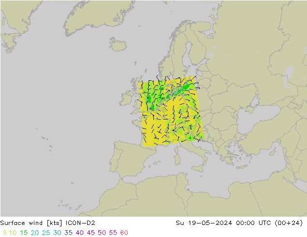 Surface wind ICON-D2 Su 19.05.2024 00 UTC