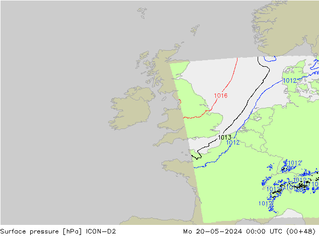 Pressione al suolo ICON-D2 lun 20.05.2024 00 UTC