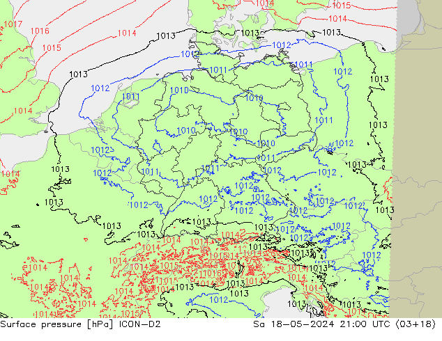 Presión superficial ICON-D2 sáb 18.05.2024 21 UTC