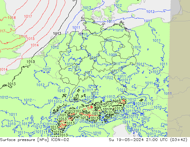 Atmosférický tlak ICON-D2 Ne 19.05.2024 21 UTC