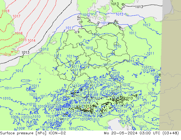 Atmosférický tlak ICON-D2 Po 20.05.2024 03 UTC