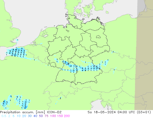 Precipitation accum. ICON-D2 Sa 18.05.2024 04 UTC