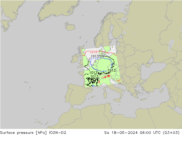 Pressione al suolo ICON-D2 sab 18.05.2024 06 UTC