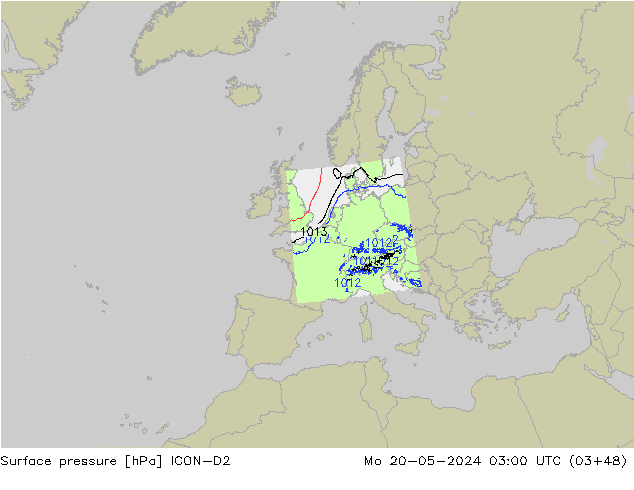 Atmosférický tlak ICON-D2 Po 20.05.2024 03 UTC