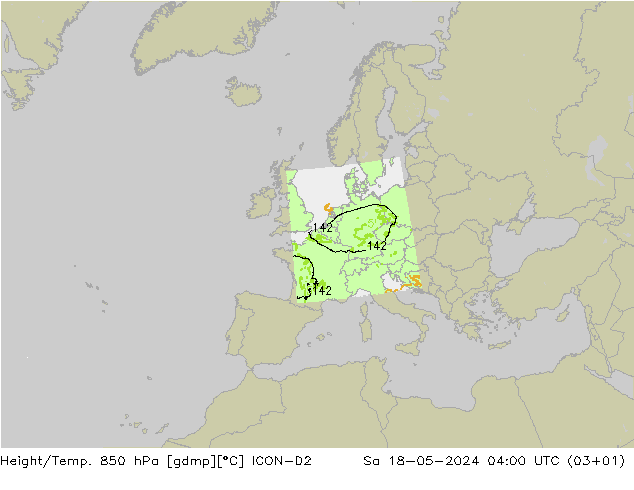 Geop./Temp. 850 hPa ICON-D2 sáb 18.05.2024 04 UTC