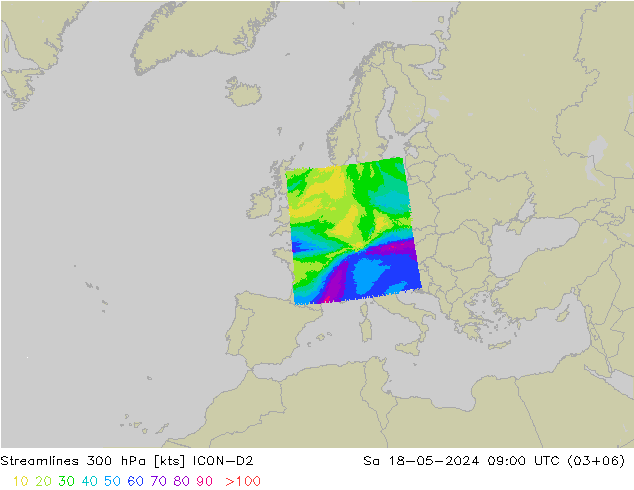 ветер 300 гПа ICON-D2 сб 18.05.2024 09 UTC