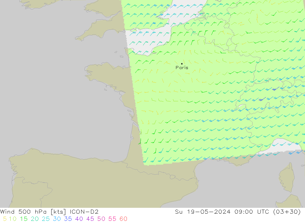 Wind 500 hPa ICON-D2 zo 19.05.2024 09 UTC