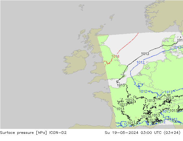 Atmosférický tlak ICON-D2 Ne 19.05.2024 03 UTC