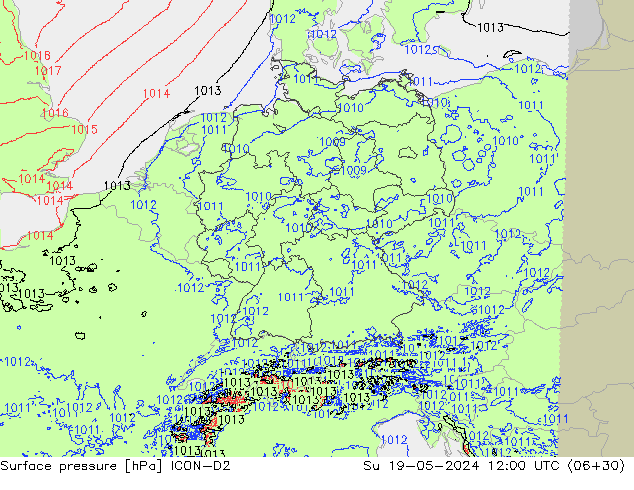 Surface pressure ICON-D2 Su 19.05.2024 12 UTC