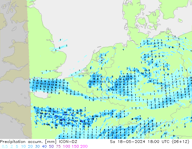 Precipitation accum. ICON-D2 сб 18.05.2024 18 UTC