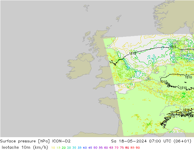 Isotaca (kph) ICON-D2 sáb 18.05.2024 07 UTC