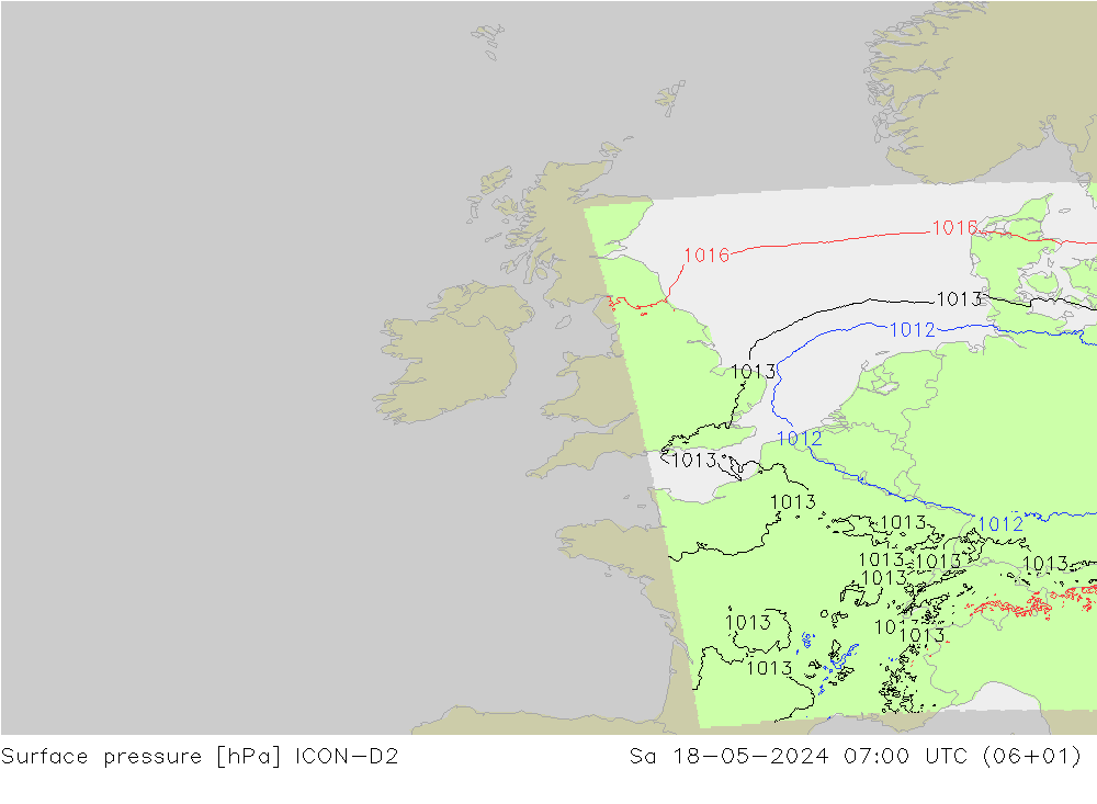 Presión superficial ICON-D2 sáb 18.05.2024 07 UTC