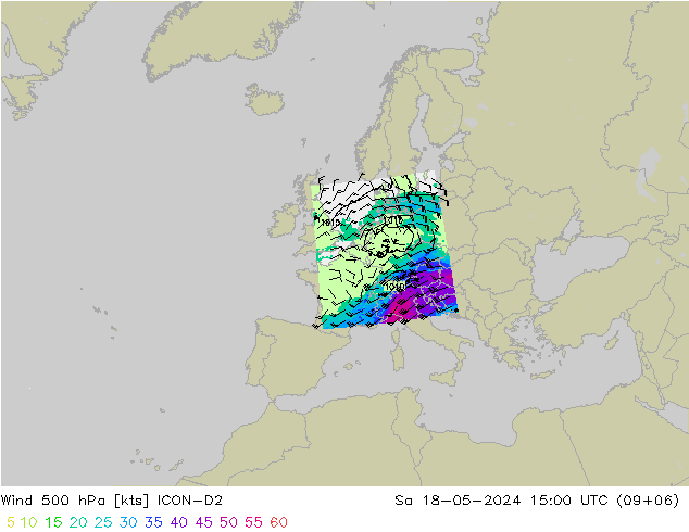 Wind 500 hPa ICON-D2 za 18.05.2024 15 UTC